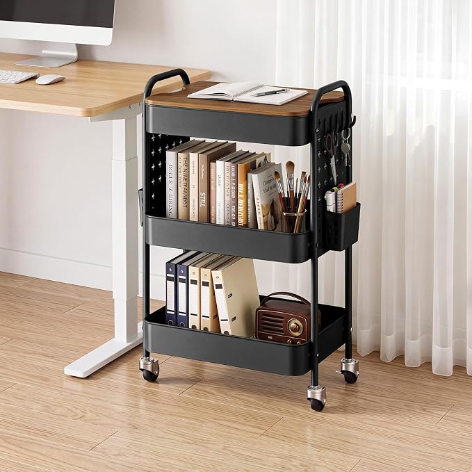 3 Tier Rolling Cart with DIY Pegboard, Metal Utility Cart with Table top | Sturdy Storage Organizer Cart with 360°Swivel Wheels& Locking Wheels, Hooks& Cups for Office, Classroom, Kitchen and Bathroom
