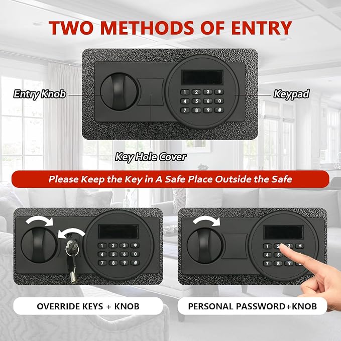Voncabay Money Safe Box for Home with Digital Keypad, 1.5 Cu. Ft., Black | Alloy Steel, 2 Fireproof Bags, Digital Keypad with Display, Removable Shelf, Alarm System, 14 x 13 x 13 In.