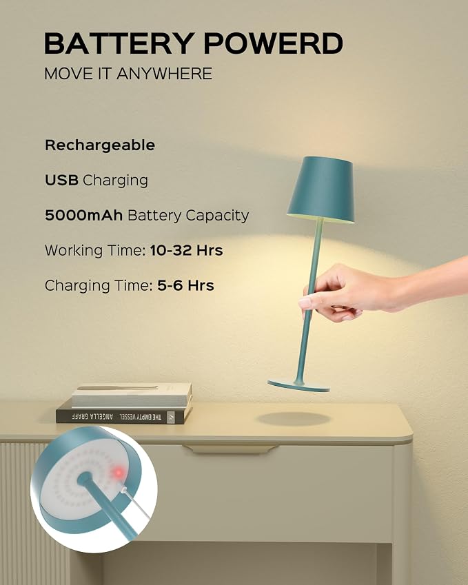 JACKYLED Cordless Table Lamps Rechargeable, 3 Adjustable Height, 5000 Capactiy Operated 3 Colors Smooth Dimming, Portab