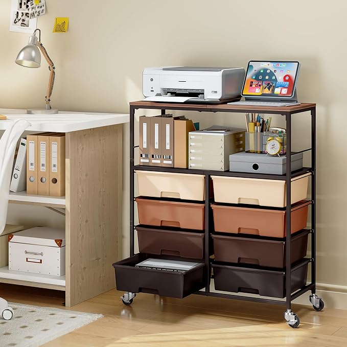 Rolling Storage Cart with 8 Large Drawers, Wooden Tabletop | Open Storage Shelves, Mobile Craft Organizer with Lockable Wheels for Home, Classroom, Office Supplies & Art Studio,Brown