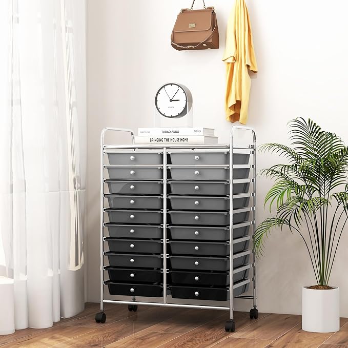 RELAX4LIFE 20 Drawer Rolling Storage Cart, Mobile Rolling Cart w/Drawers for School Classroom Teacher Office Home Salon, Paper File Art Supply Craft Organizer, Utility Cart on Wheels (Gradient Grey)
