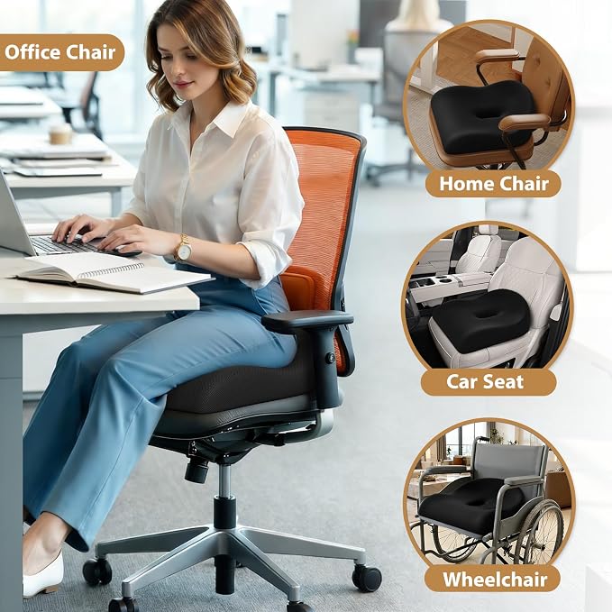 Ergonomic Memory Foam Seat Cushion for Office Chair, Black | Wheelchair Cushions for Tailbone, Hip, Sciatica Support, Soft & Breathable, Chair Pad for Long Sitting, Driving