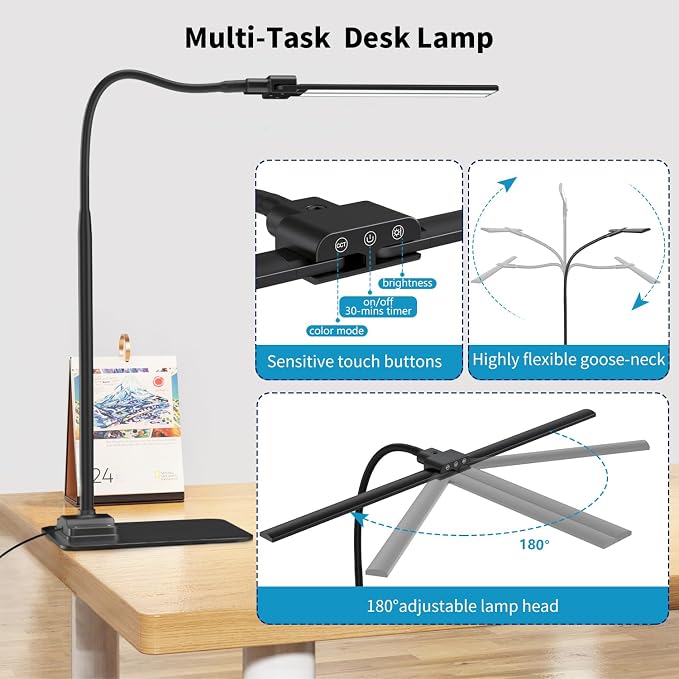 LED Desk Lamp Double Light: 1200LM Desk Light Base for Home Office, Black | Dual Screen Computer Monitor Light, Architect Table Lamp for Working Reading Drafting,Dimmable 4 Colors Memory 30-Min Timer