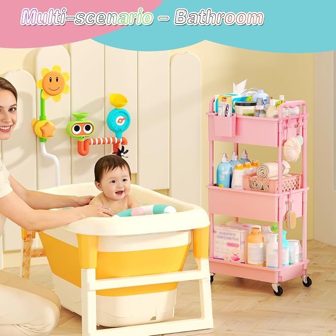 SUNALLY Baby Diaper Caddy Cart, 3 Tier Rolling Diaper Cart for Nursery,Pink | Large Capacity & Easy Assemble Diaper Storage Organizer with Lockable Wheels for Newborn, New Mom, Baby Girl Boy Essentials
