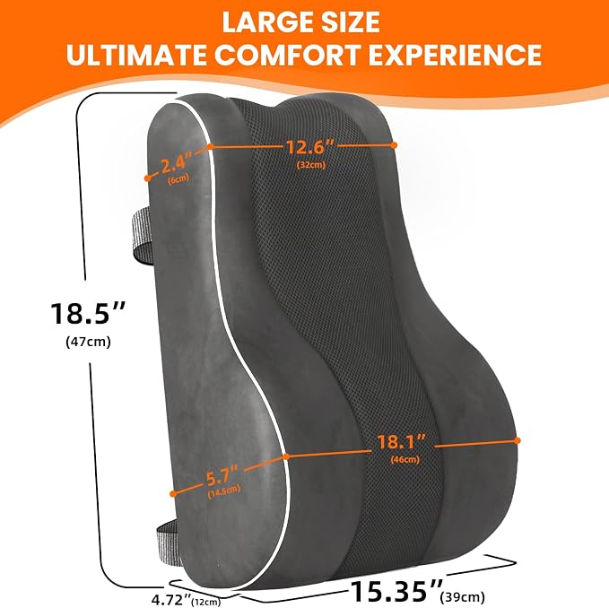 CloudBliss XL Lumbar Support Pillow, Memory Foam for Office Chair, Gray | Ergonomic High-Density Memory Foam, Adjustable Straps, Washable Mesh Cover, Lower Back Support for Office, Gaming & Car Seat