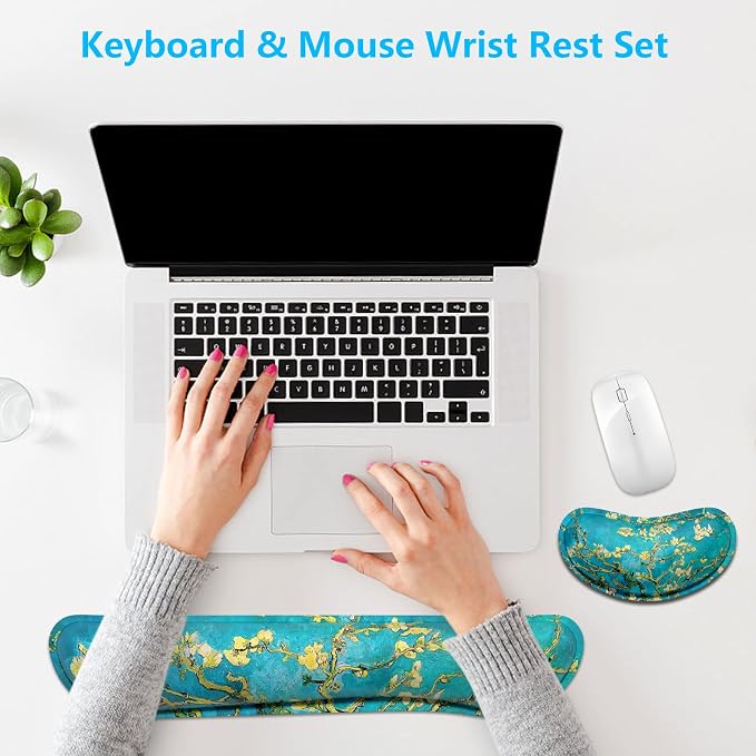 Dapesuom Enlarge Keyboard Wrist Rest, Memory Foam Wrist Cushion for Desk Mats Support, Cute Pain Relief Keyboard Mouse Pad Rests Set with Non-Slip Base for Gaming Laptop Office Computer, Blue Flower