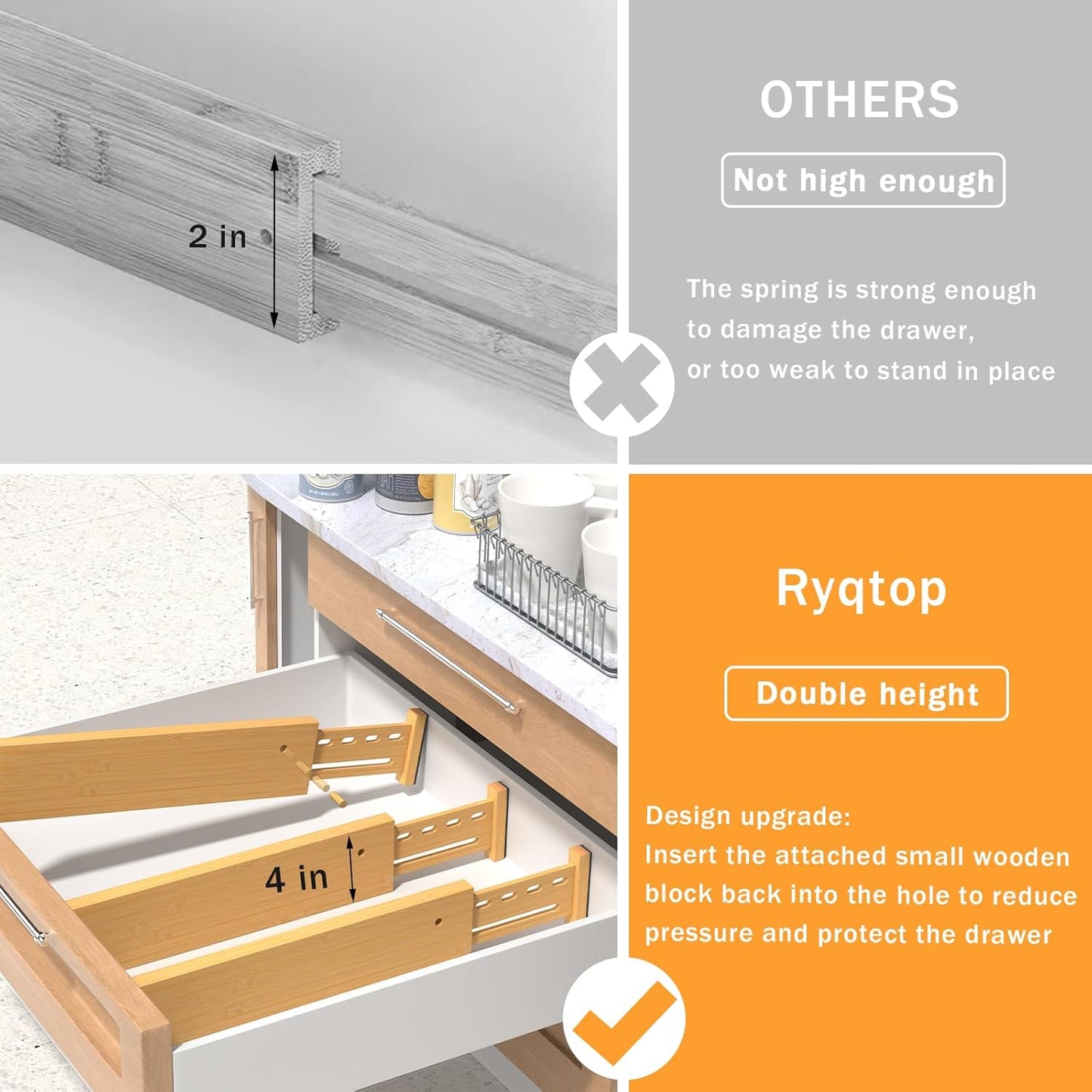 Bamboo Drawer Dividers 4" High, 12.8-18" Adjustable Drawer Organizers for Clothes,Expandable Dresser Separators in Bedroom/Kitchen/Bathroom/Office Organization and Storage,4 Pack
