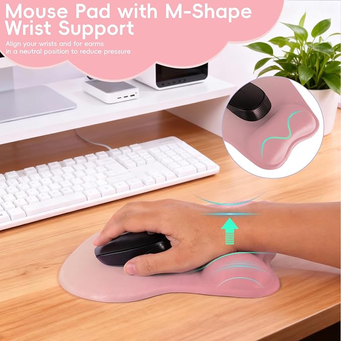 Mouse Pad with Wrist Rest Ergonomic Mouse Pad with Comfortable M-Shape Pain Relief Wrist Support Non-Slip PU Base Mousepad for Laptop, Office & Home (Peach Pink)