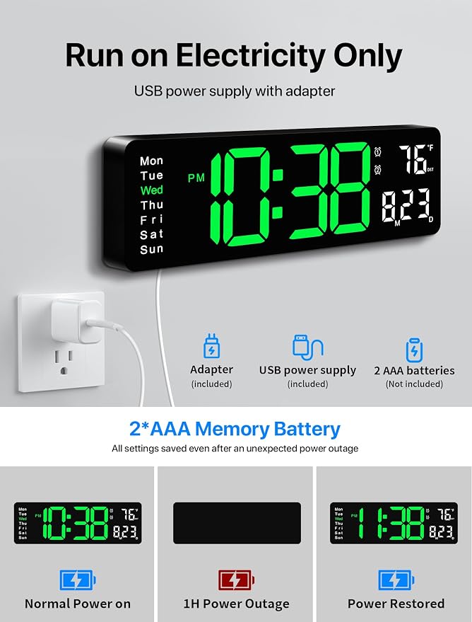 MASHI Digital Wall Clock, 16" Large Display Digital Clock with Remote Control, Auto-Dimming Wall Clock with Night Light, DST, Date Week,Temp for Living Room, Bedroom, Decor, Gift for Elderly