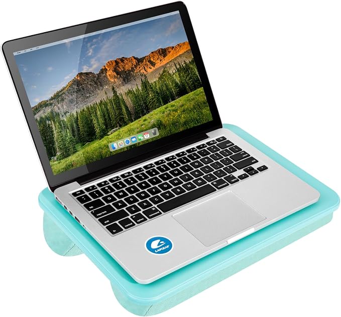 LAPGEAR Compact Lap Desk – Aqua Sky, Fits 14" Laptops | Microbead Cushion, Built-In Pencil Slot, Carry Handle, Fits Standard Letter-Size Paper (8.5" × 11")