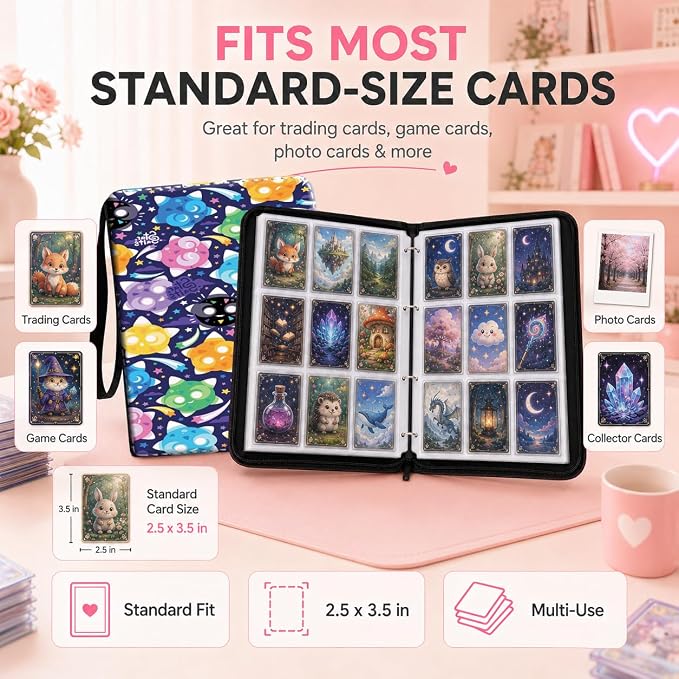 1008 Cute Card Binder 9 Pocket, 3-Ring Trading Card Binder with 56 Page Removable Sleeves, High Storage Waterproof Trading Card Holder Collection Card Album Organizer Case for TCG Cards - Cute