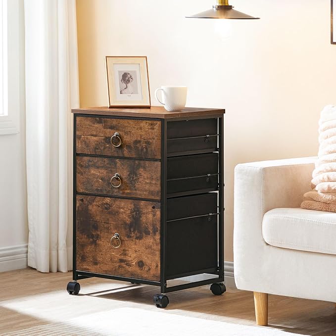 HOOBRO 3-Drawer Mobile File Cabinet, Vertical Filing Cabinet, Under Desk Cart with Drawers for Home Office, Rolling Printer Stand, A4/Letter-Sized, Fabric Drawer, Rustic Brown BF30WJ01
