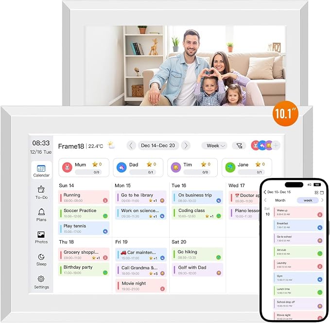 10.1" Smart Digital Calendar and Cloud Photo Frame Wall Planner with Chore Charts Meal Planning 32GB Storage 1280x800P IPS Touchscreen Desk Calendar Interactive Display for Family Schedules White