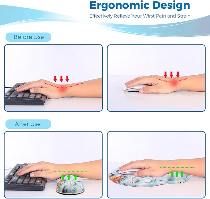 Mouse Pad and Keyboard Wrist Rest Support,Ergonomic Mouse Pad Set | Mousepad With Coaster and Non-Slip PU Base,Pain Relief for Desk Desktop Gaming, Computer,Office -Beach