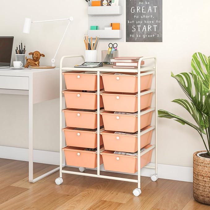10 Drawer Rolling Cart, Storage Cart Organizer on Wheels, Drawer Cart with Metal Frame & Large Storage Capacity, Rolling Cart with Drawers for Living Room Classroom, Office