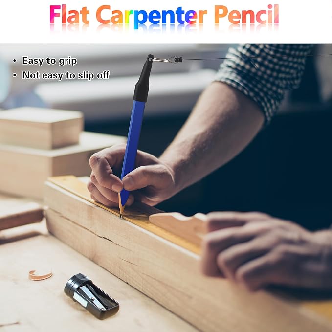 Hiboom 14Pcs Carpenter Pencil, 7" Flat Octagonal Hard Black Marking Pencil | with Pencil Sharpener & Silicone Heavy Duty Retractable Pen Holder, Carpenter Marking Pencils for Woodworking Marking Tool