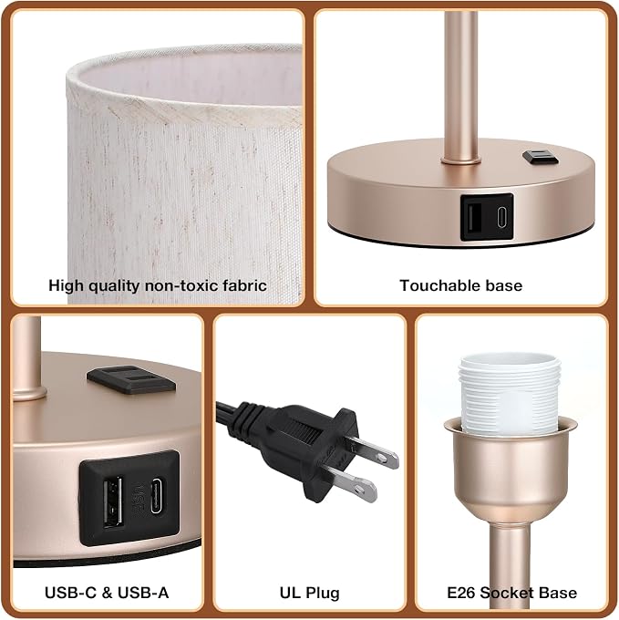 Dicoool 17.4" Bedside Lamp for Bedroom - Dimmable Touch, USB A+C, AC Outlet | LED Bulb Included, 3-Way Dimmable, 17.4" Table Lamp for Living Room, Dorm, Cream Fabric Lampshade, Antique White Metal Base