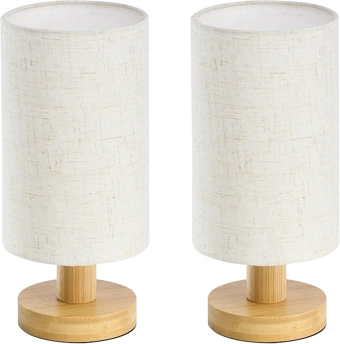 Bedside Lamps Set of 2, Bamboo Small Table Lamp for Nightstand | 10'' Minimalist Nightstand Lamps, Modern Desk Lamp for Bedroom, for Living Room, E26, Natural
