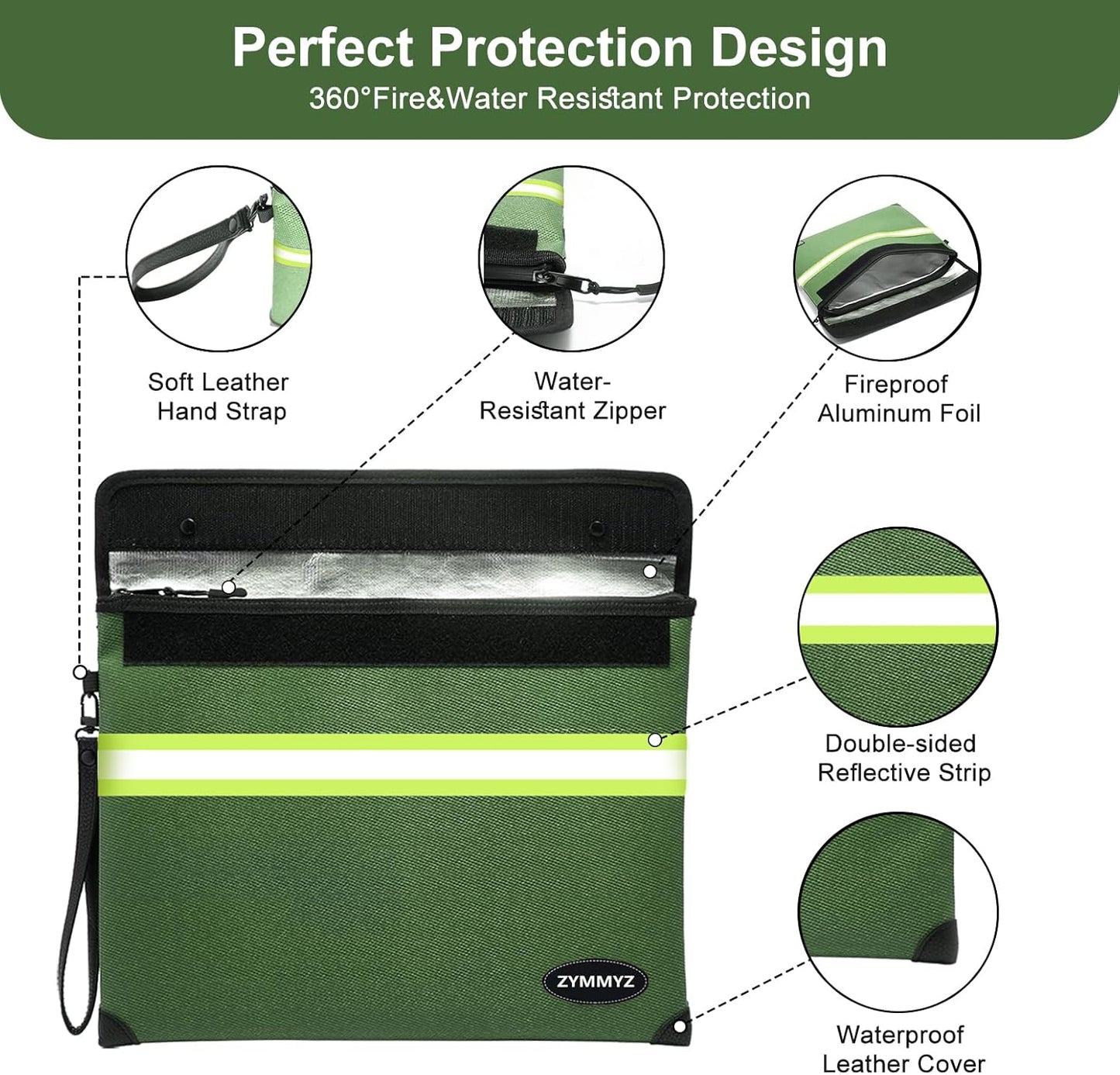 Fireproof Document Bag with Water Resistant Zipper,6200°F Heat Insulated Fire Proof Pouch with Soft Leather Hand Strap,Fire and Waterproof Envelope for Cash,Documents,Jewelry
