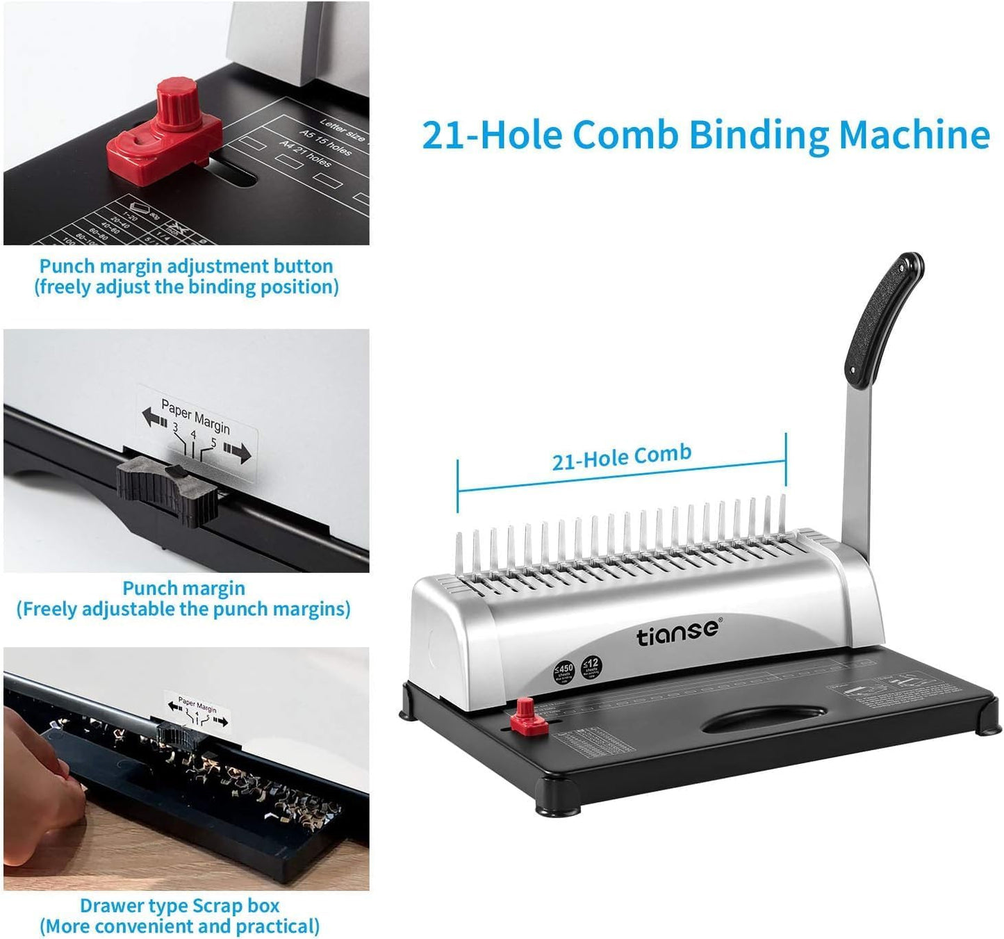 TIANSE Binding Machine, 21-Holes, 450 Sheets, Comb Binding Machines with Starter Kit 100 PCS 3/8'' Comb Binding Spines, Comb Binder Machine Book Maker Perfect for Letter Size, A4, A5 or Smaller Sizes