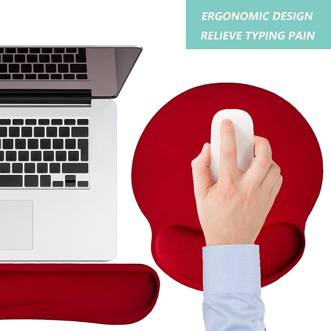 Keyboard Wrist Rest Pad Mouse Pad with Wrist Support Set of 3, Mousepad with Non-Slip Rubber Base, Ergonomic Memory Foam Mouse Wrist Cushion Support for Home Office Laptop Computer Gaming, Red