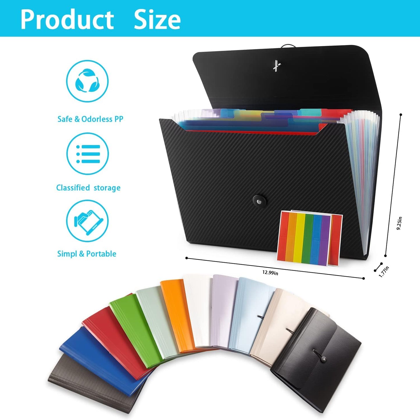 Expanding File Folder, 13 Pockets, Light Blue, Polypropylene for Work, School, Home, Office