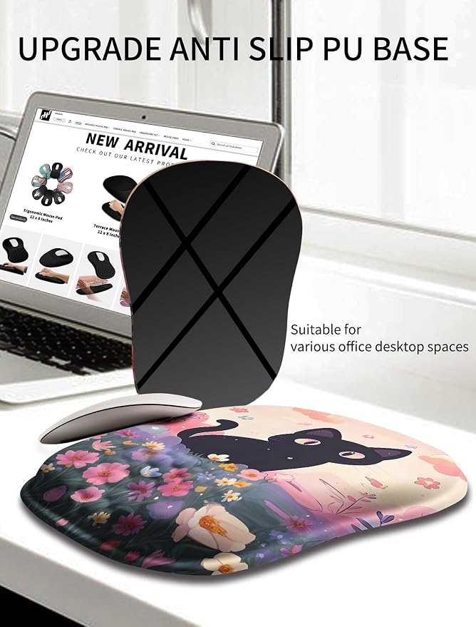 Hokafenle Ergonomic Wrist-Hugging Mouse Pad Wrist Support, U-Shaped Holding Wrist Rest Mousepad for Carpal Tunnel Pain Relief with Cushioned Memory Foam Slope Massage Bulge (10.2x8.3 in,Flower Cat)