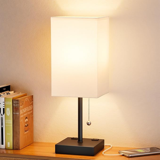 Bedside Lamp for Bedroom - 3 Color Temperatures, USB A+C, 2 AC Outlets | Pull Chain Switch, LED Bulb Included, White Fabric Shade, 17.4" Table Lamp for Nightstand, Desk, Living Room, Office