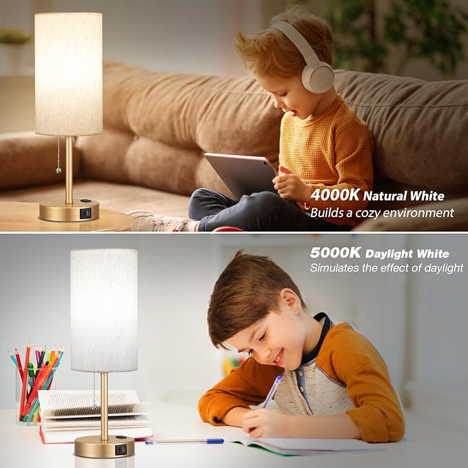 17in Bedside Table Lamp for Bedroom, Desk Lamp with USB Ports for Dorm | 17" Night Stand Lamp, USB A+C Ports, AC Outlet, 3 Color Temperatures, LED Bulb Included, Linen-Fabric Shade, Gold Brass Base