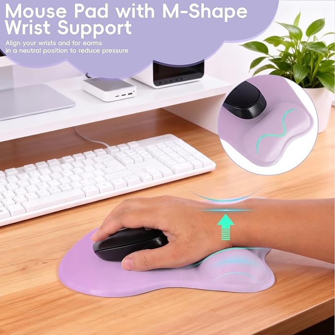 Mouse Pad with Wrist Rest Ergonomic Mouse Pad with Comfortable M-Shape Pain Relief Wrist Support Non-Slip PU Base Mousepad for Laptop, Office & Home (Plum)