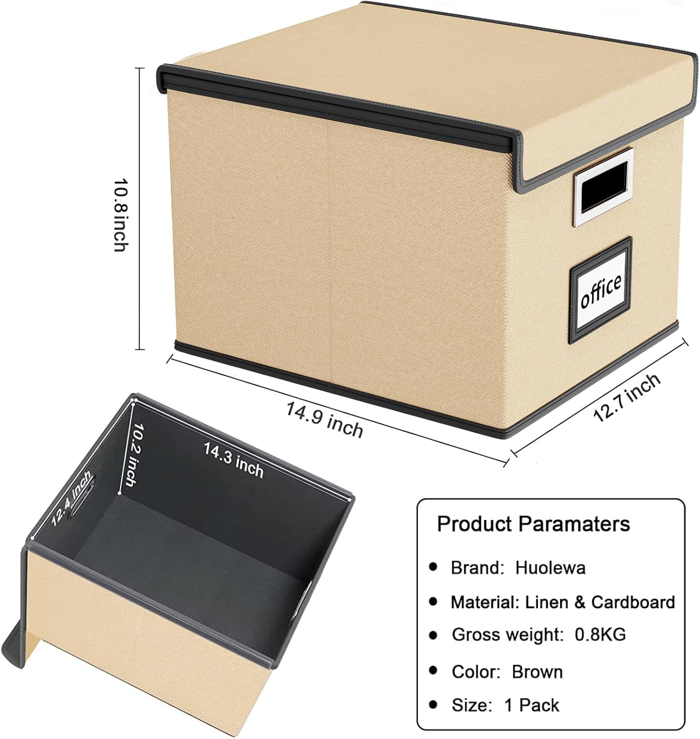 Huolewa File Organizer Box with Lid, Collapsible File Folder Organizer for Office Document Storage, Filing Box with Plastic Slide for Letter/Legal Size Hanging Files (Brown)