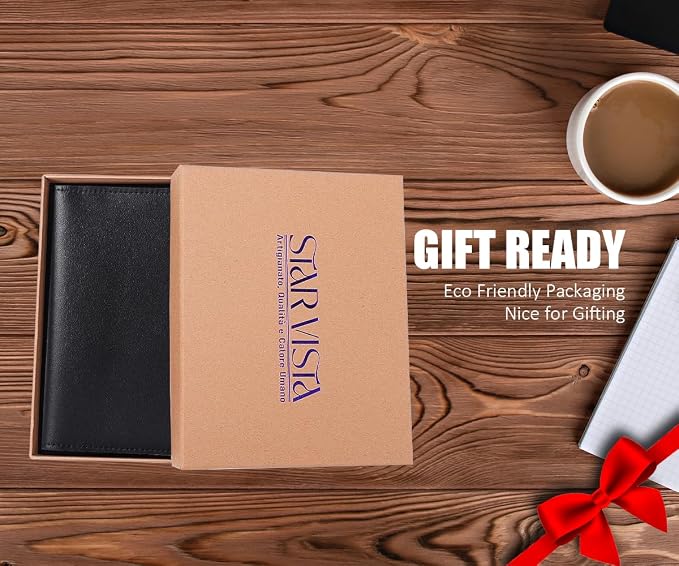 STAR VISTA Albatross Leather Travel Passport Holder, Minimalist Design, Calfskin Leather Case for Women and Men - Slim Passport Wallet, Bifold, RFID Blocking, with AirTag Holder, Black