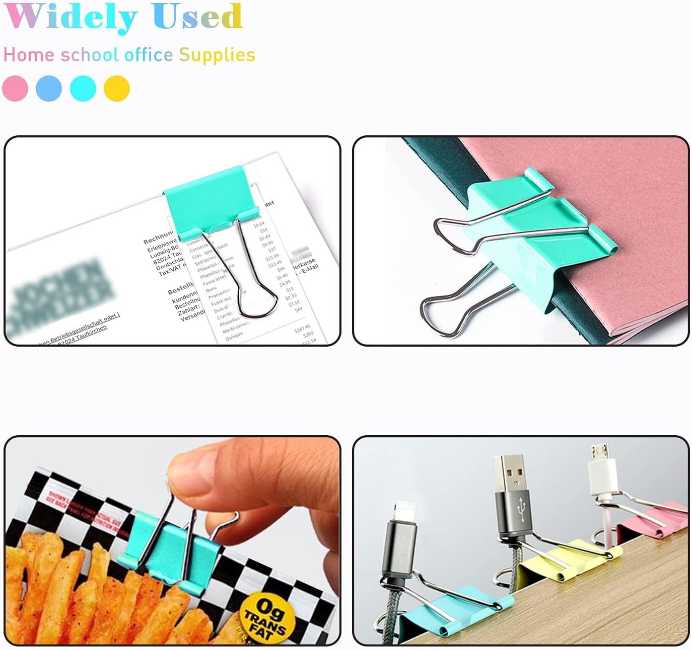 Medium Binder Clips, 24 Pack, 1-1/4 Inch, 1.25 Inch, Standard 32mm, Colorful, Capacity 0.6 Inch, Metal Paper Clips, Fold Clamp, Office Clips, School & Home Use