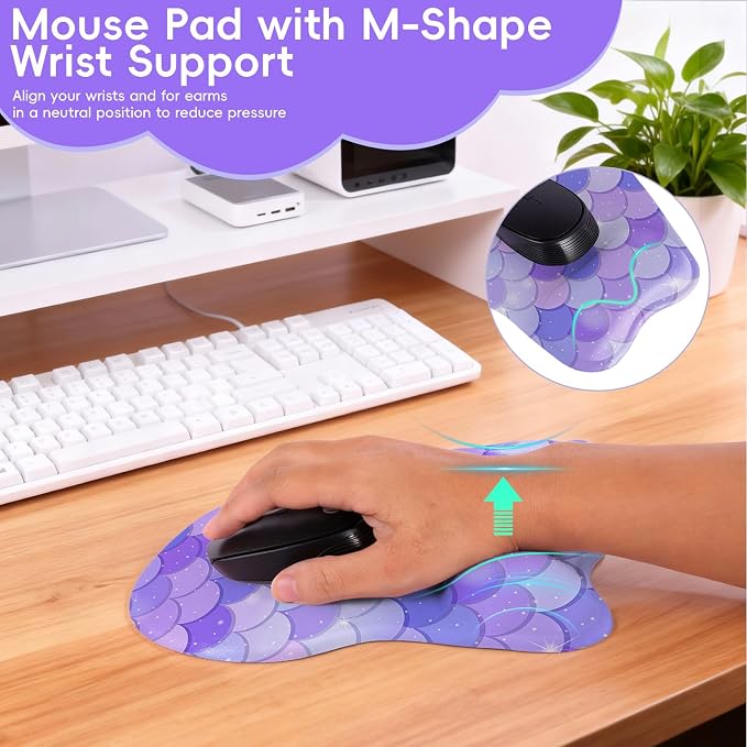 Mouse Pad with Wrist Rest Ergonomic Mouse Pad with Comfortable M-Shape Pain Relief Wrist Support Non-Slip PU Base Mousepad for Laptop, Office & Home (Purple Mermaid)
