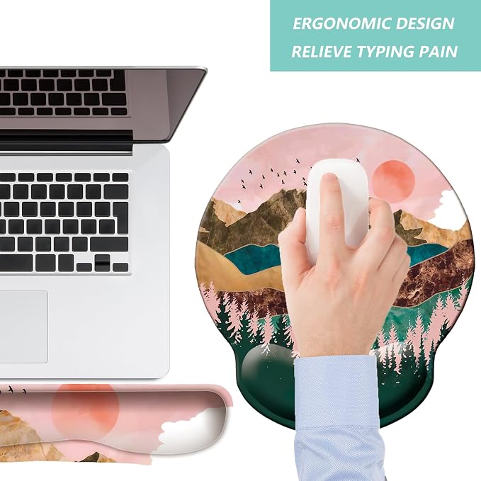 Keyboard Wrist Rest Pad Mouse Pad with Wrist Support Set of 3, Mousepad with Non-Slip Rubber Base, Ergonomic Memory Foam Mouse Wrist Cushion Support for Home Office Laptop Computer Gaming, Sunrise