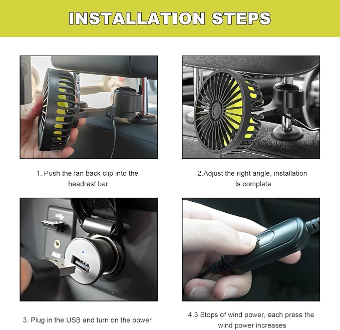 2 PCS USB Car Seat Fans for Backseat, 360° Rotatable Strong Wind Rear Seat Cooling Fan with 3 Speeds, 5V Powerful Air Circulation Electric Headrest Fan for for Sedan SUV RV Truck