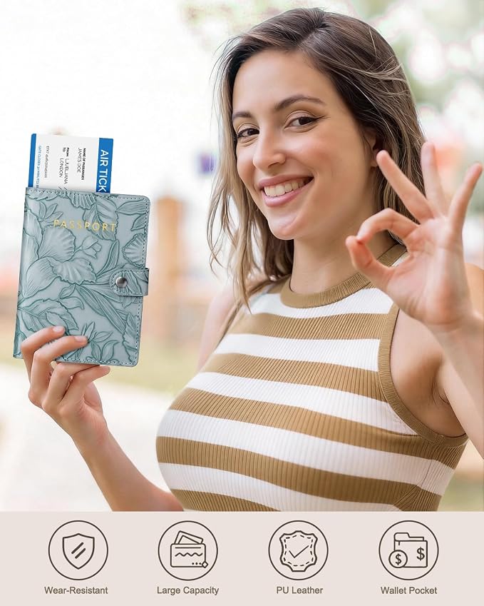 Slohif Elegant RFID Passport Holder for Travel with AirTag Dusty Blue | Floral Embossed Passport Wallet for Women, Slim Vegan Leather Travel Organizer with Money Pocket and Card Slots