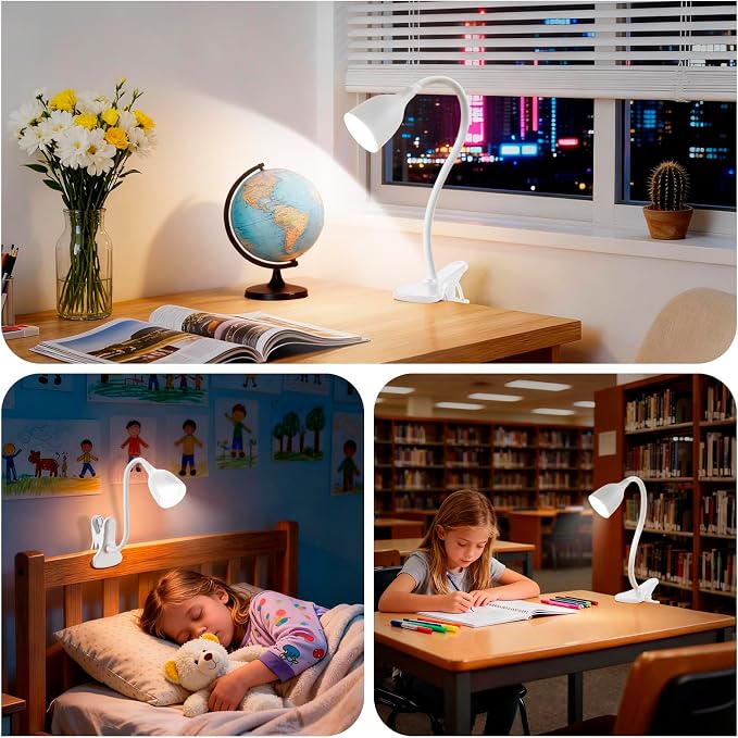 EJIAXIN Desk Lamp for Home Office - Clip on Reading Light and Bed Headboard Clamp Lamp, Bedside Gooseneck Table Lamp, Clip on Desk Lamps, Eye-Caring Desk Lamp for College Dorm Room Study Lamp, White