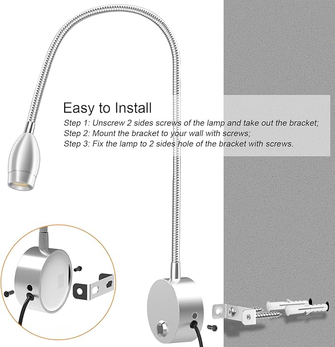 Wall Mounted LED Reading Light with 360° Flexible Gooseneck, Dimmable Bedside Reading Lights for Books In Bed, Plug In Headboard Night Lights, Eye-Caring, 3 Colors Temperature, Touch Control-2 Pack