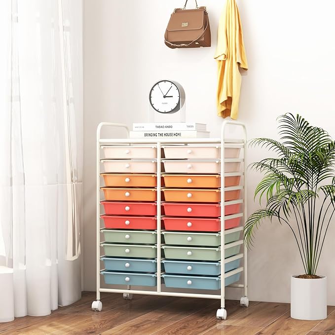 RELAX4LIFE 20 Drawer Rolling Storage Cart, Mobile Rolling Cart w/Drawers for School Classroom Teacher Office Home Salon, Paper File Art Supply Craft Organizer, Utility Cart on Wheels (Macaron)