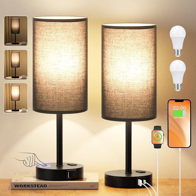Touch Bedside Table Lamps Set of 2 - Bedroom Lamp with USB A+C, AC Outlet | 3-Way Dimmable, LED Bulb Included, Black Fabric Lampshade, Matte Black Metal Base & Pole, 17" Tall Nightstand Lamp for Desk