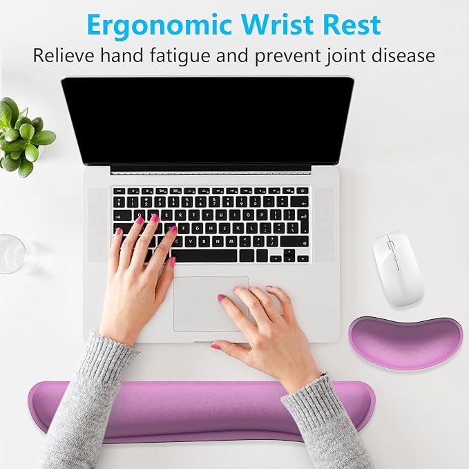 Dapesuom Enlarge Keyboard Wrist Rest, Memory Foam Wrist Cushion for Desk Mats Support, Cute Typing Pain Relief Keyboard Mouse Pad Rests Set with Non-Slip Base for Gaming Laptop Office, Radiant Orchid