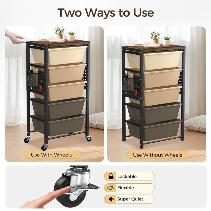 Rolling Cart with 5 Drawers, Plastic Drawer Storage Carts with Wheels & Wooden Tabletop, Metal Utility Cart with Pegboards, Office Living Room Classroom Craft Organization and Storage, Dark Brown
