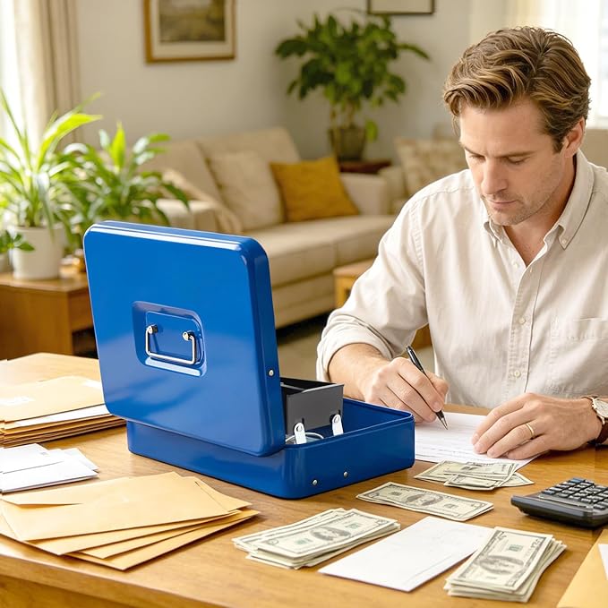 Jssmst Locking Metal Cash Box with Coin Lid, 11.8L x 9.5W x 3.5H Inches, Safe Money Box with Key Lock, Blue, SM-CB0513BL