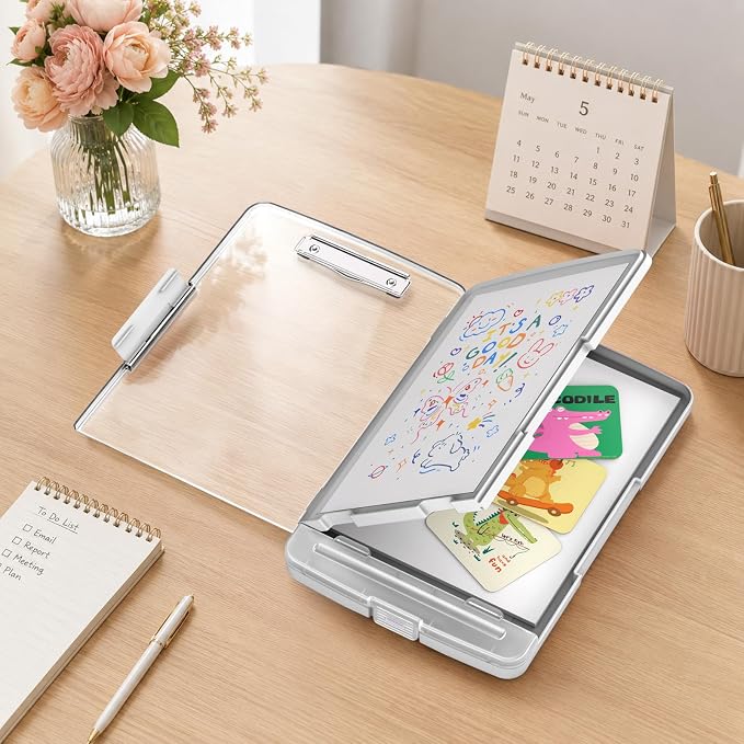 Clipboard with Storage and Pen Holder, Gray 8.5 x 11'' Folder Side Open, Heavy Duty with Dual Compartment, Clear Dry Erase for Coach, Size 14.5 x 9.8 x 1.5'', Office & School Supply