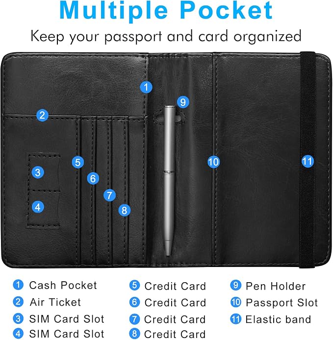 ACdream Passport Holder Cover, Leather Travel Wallet Case, RFID Blocking Document Organizer Protecrtor, with Slots for Credit Cards, Boarding Pass, for Women and Men, Black