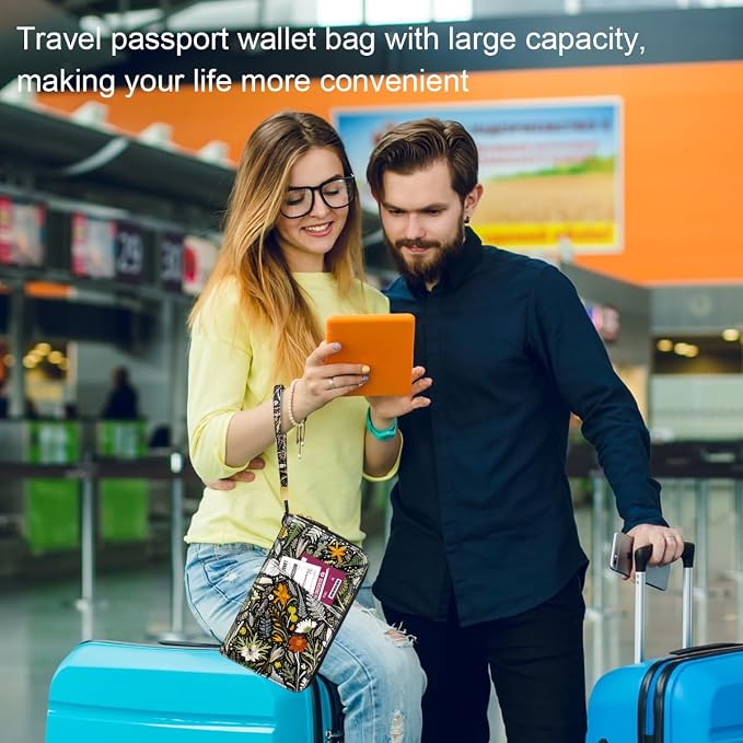 Family Passport Holder Wallet RFID Blocking Document Organizer | PU Leather Mulit-purpose Travel Wallet Credit Cards Case for Women Men, Dried Floral