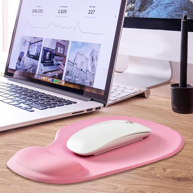 JIKIOU Ergonomic Mouse Pad with Gel Wrist Rest 2 Pack, Portable Small Pink | Upgraded-Prevent Gel Leakage, Ergonomic Design for Pain Relief, Cooling Gel filled, Smooth Lycra Surface, Non-Slip PU Base