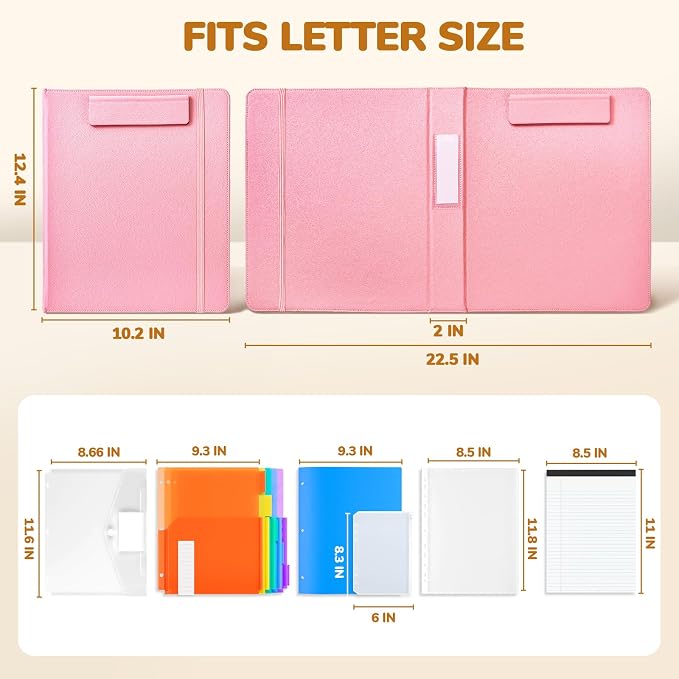 JoyCat 3 Ring Binder Clipboard with Storage, 5 Folders, Pink | 3 ring clipboard portfolio combines five expandable folders, a refillable letter-size notepad and storage