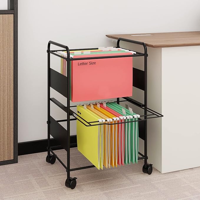 PUNCIA 2-Tier Metal File Cart with Wheels Pull-Out Rolling Folder Organizer | Black Mobile Hanging File Cabinet for Letter Documents Home Office Storage Easy to Move and Access